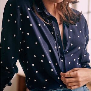 Sezane Navy and White Polka Dot Button Down Ann Shirt tagged size 34